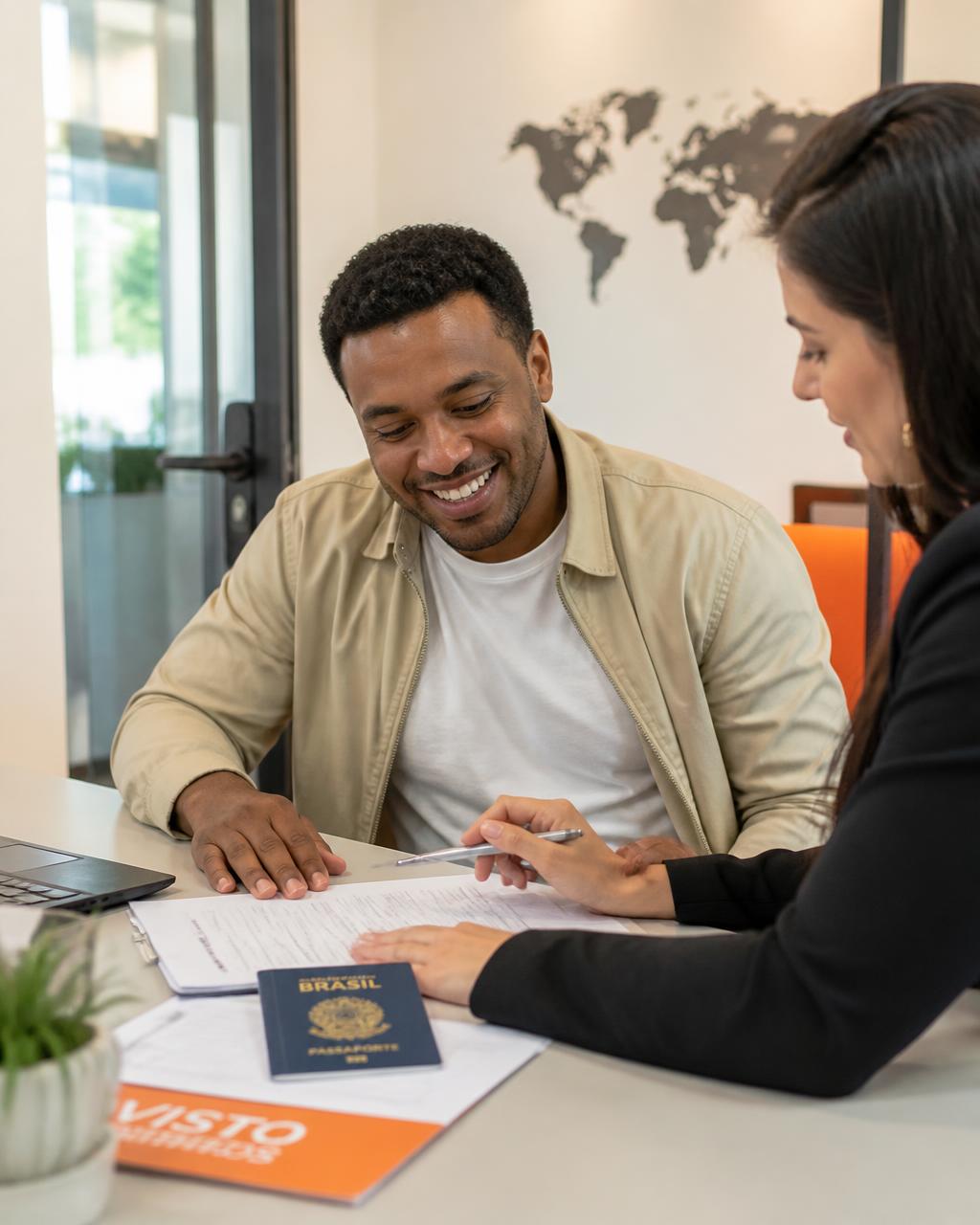 Imigrante sorrindo durante atendimento profissional com passaporte brasileiro sobre a mesa